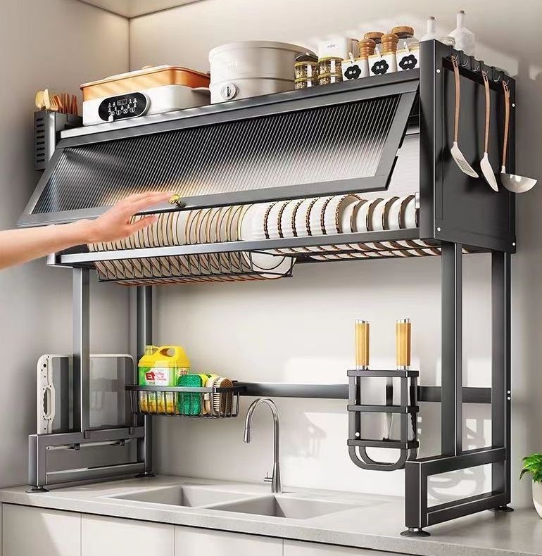 Household Modern Double Tier Stainless Steel Over-the-Sink Dish Drying Rack with Cover Multifunction Kitchen Stand