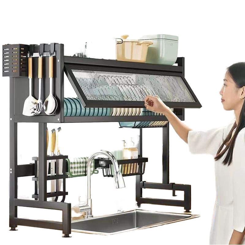 Household Modern Double Tier Stainless Steel Over-the-Sink Dish Drying Rack with Cover Multifunction Kitchen Stand